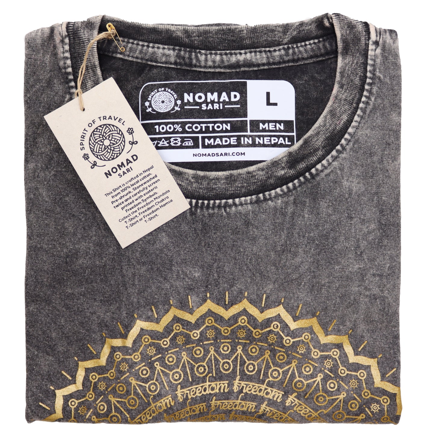 Mandala T-Shirt aus 100 % Baumwolle mit Stonewashed-Effekt Dunkelgrau L