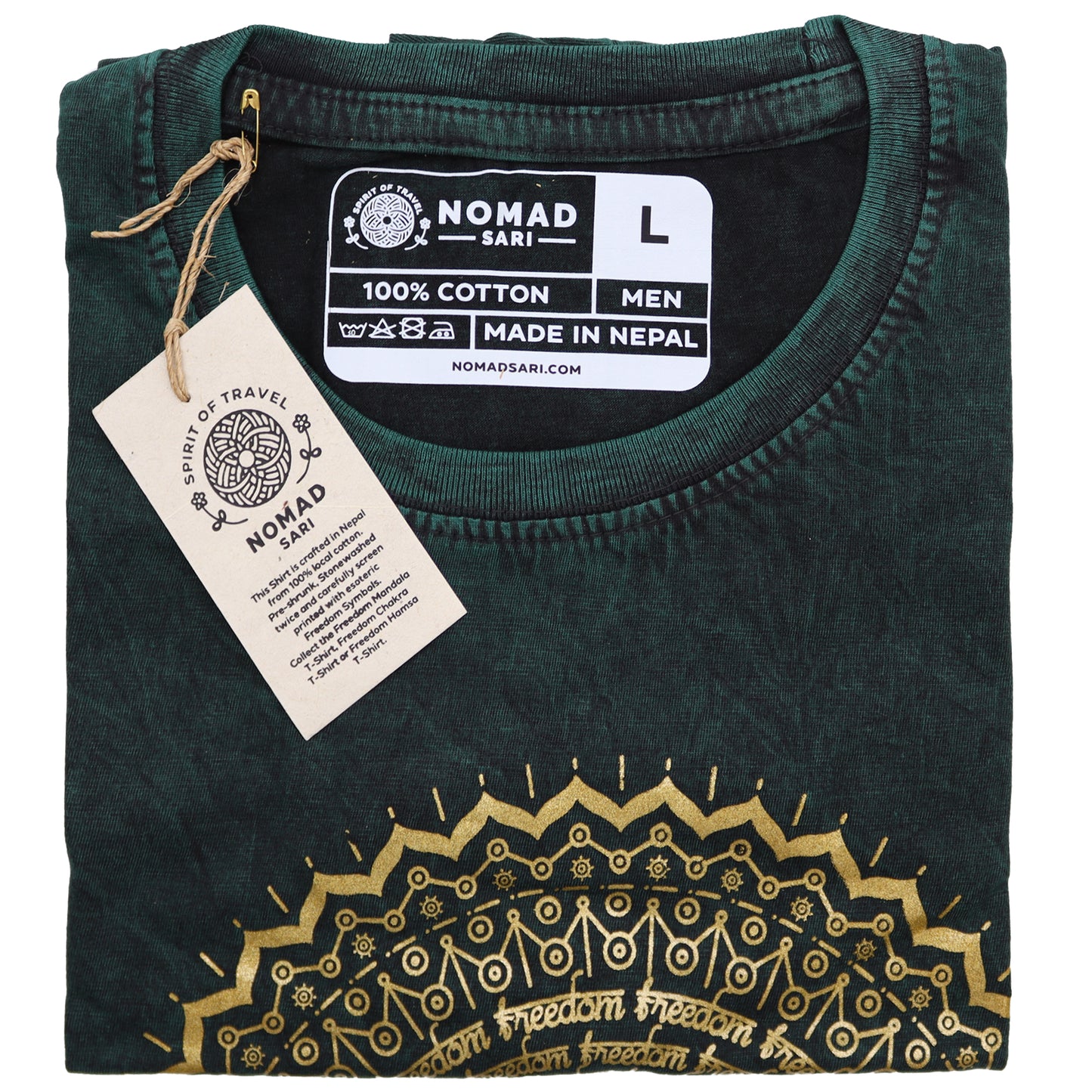 Mandala T-Shirt aus 100 % Baumwolle mit Stonewashed-Effekt Grün L