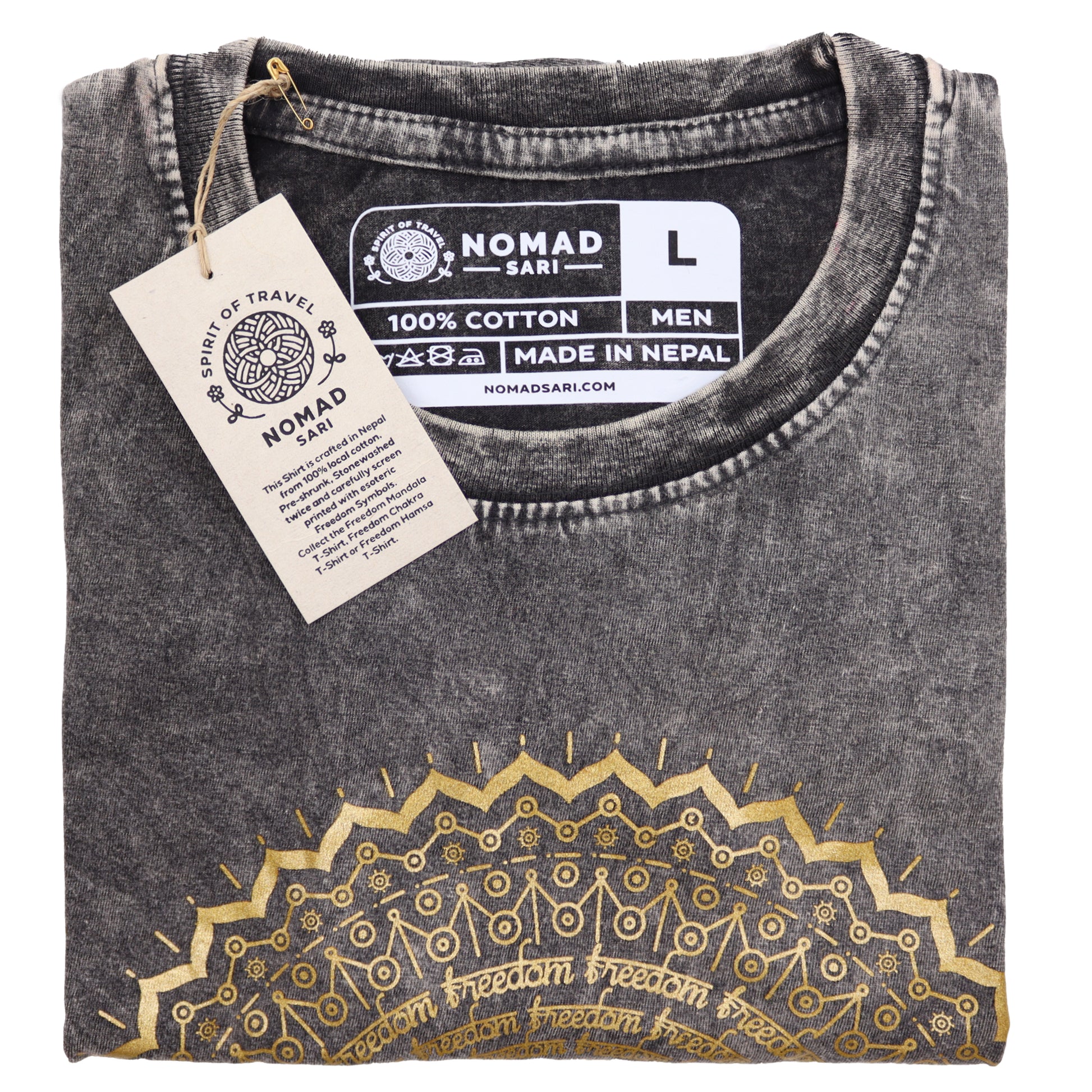 Mandala T-Shirt aus 100 % Baumwolle mit Stonewashed-Effekt Dunkelgrau L